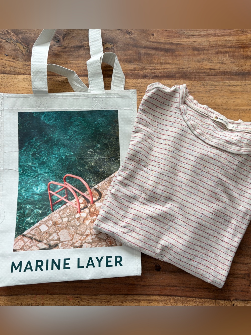 Marine Layer Red Striped/Confetti T Shirt with reusable tote. Size SMALL
